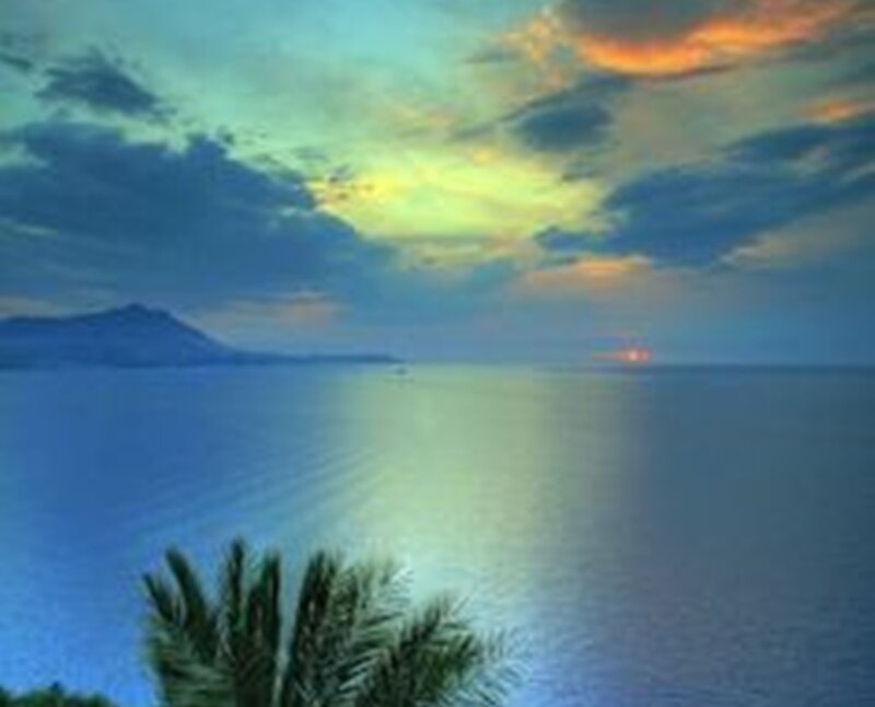 Sunset over Ocean — Blue, Serene, Photograph, Mountain