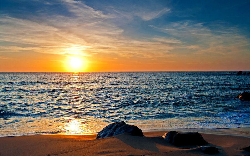 Sunset over Ocean — Blue, Serene, Photograph, Sand