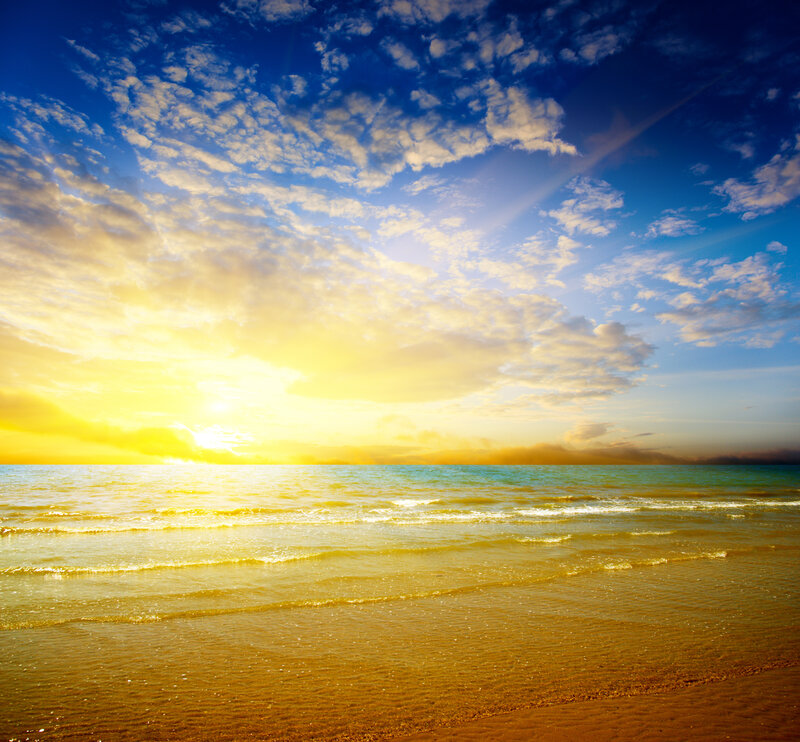 Sunset over Ocean — Blue, Serene, Photograph, Sky, Clouds, Sand
