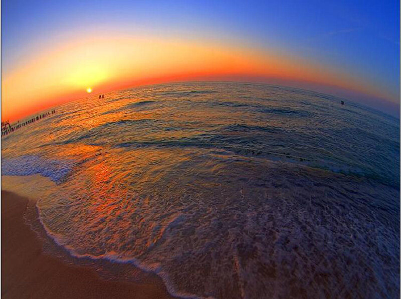 Sunset over Ocean — Blue, Serene, Photograph, Sun, Beach