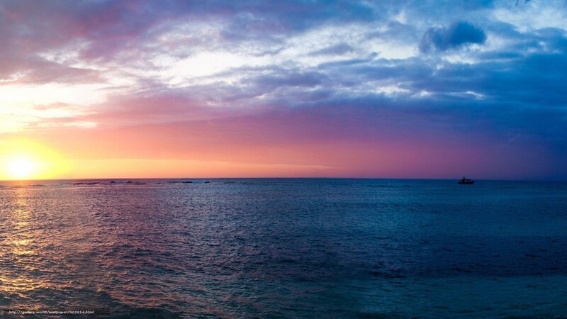 Sunset over Ocean — Blue, Serene, Photograph, Sun, Boat
