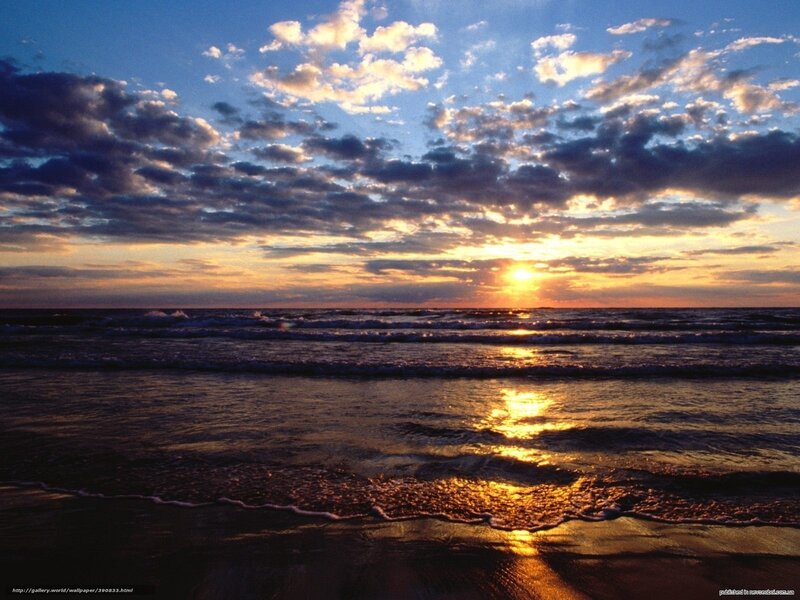 Sunset over Ocean — Blue, Serene, Photograph, Sun, Clouds, Waves, Beach