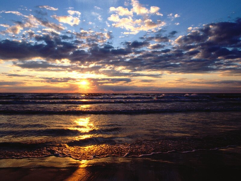 Sunset over Ocean — Blue, Serene, Photograph, Sun, Clouds, Waves, Orange, Yellow
