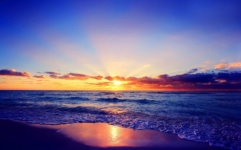 Sunset over Ocean — Blue, Serene, Photograph, Sun, Clouds, Waves, Sand