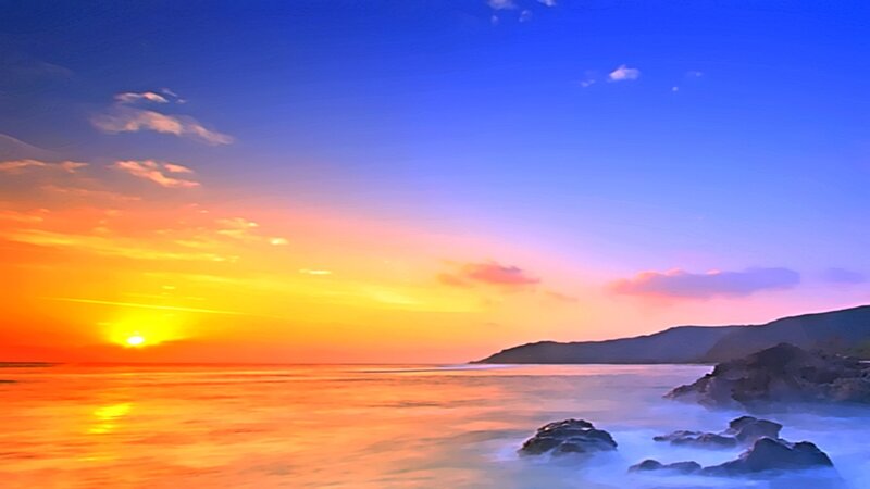 Sunset over Ocean — Blue, Serene, Photograph, Sun, Rocks