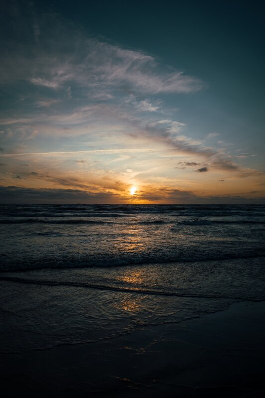 Sunset over Ocean — Blue, Serene, Photograph, Sun, Waves, Clouds