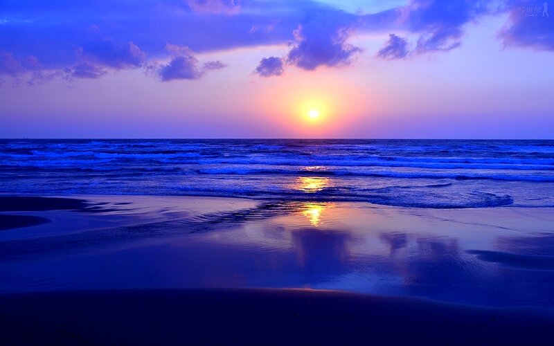 Sunset over Ocean — Blue, Serene, Photograph, Sun, Waves