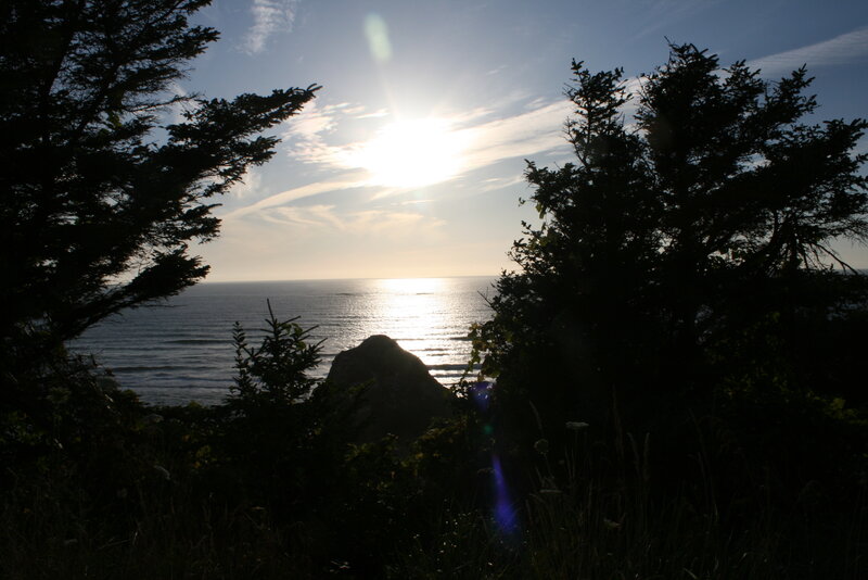 Sunset over Ocean — Blue, Serene, Photograph, Trees, Rock