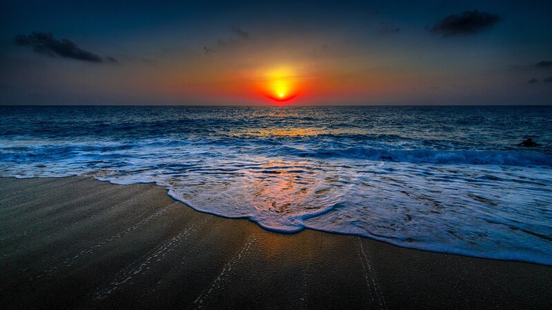 Sunset over Ocean — Blue, Serene, Photograph, Waves, Sand