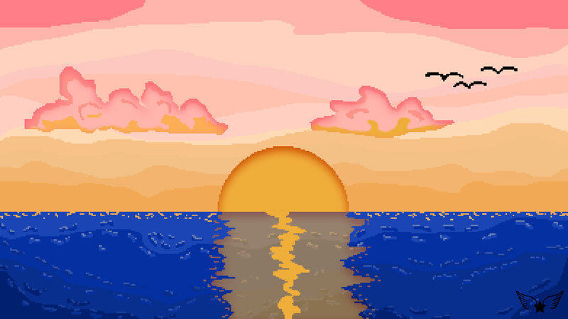 Sunset over Ocean — Blue, Serene, Pixel Art