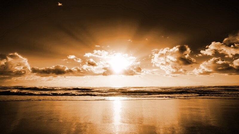 Sunset over Ocean — Brown, Dramatic, Photograph, Clouds, Waves