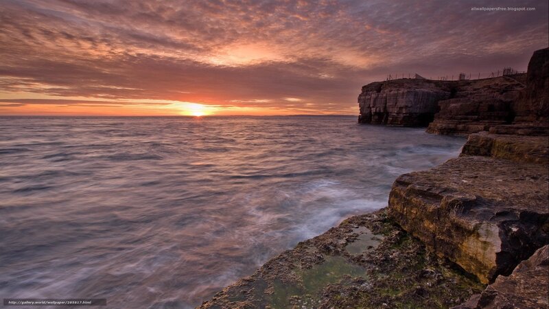 Sunset over Ocean Cliffs — Orange, Dramatic, Photograph, Sky