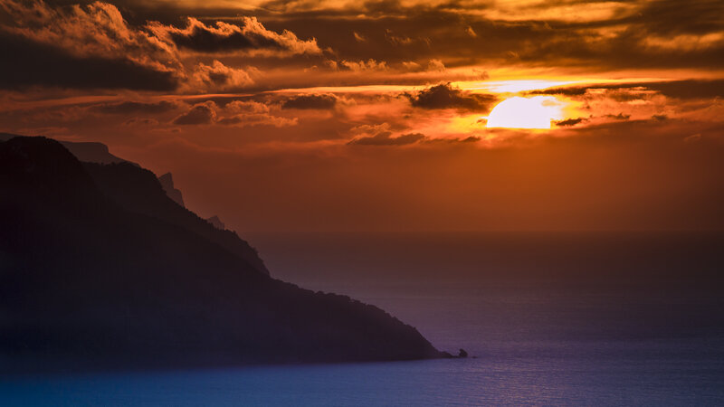 Sunset over Ocean Cliffs — Orange, Dramatic, Photograph, Sun