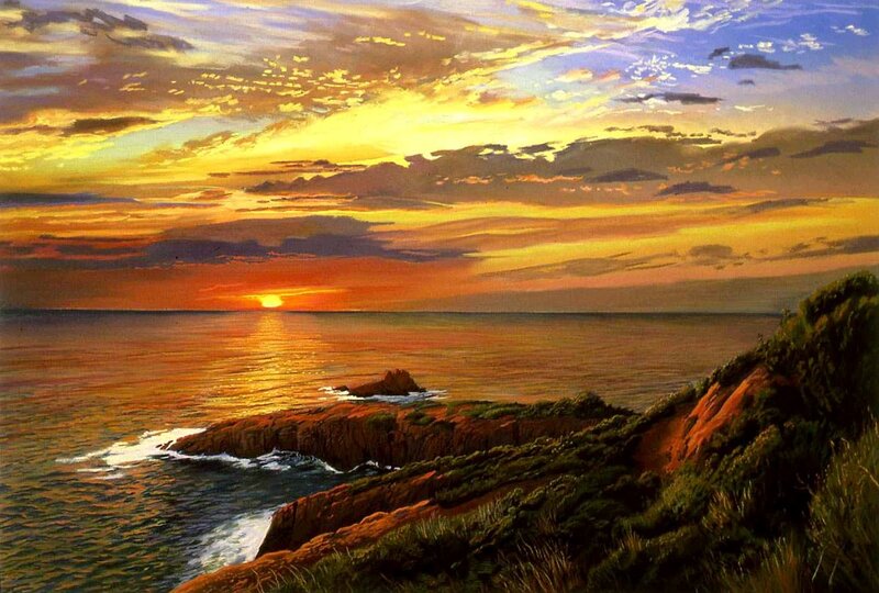 Sunset over Ocean Cliffs — Orange, Serene, Painting, Sun