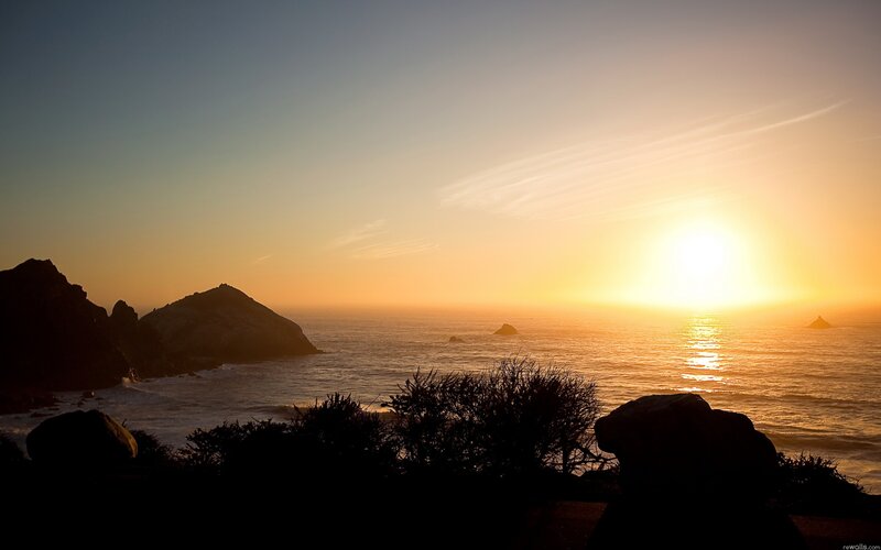 Sunset over Ocean Cliffs — Orange, Serene, Photograph, Sun