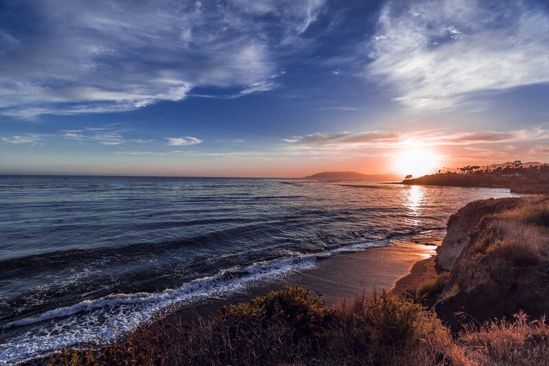 Sunset over Ocean Cove — Blue, Serene, Photograph, Cliff