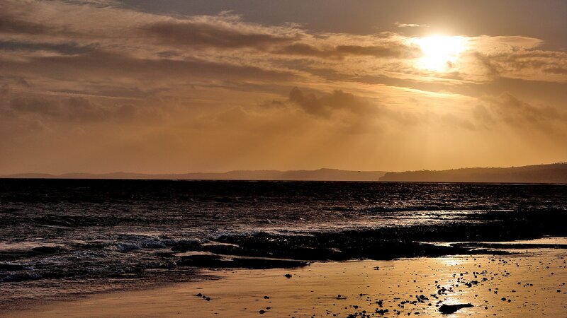 Sunset over Ocean — Gold, Dramatic, Photograph, Clouds, Waves, Beach, Brown