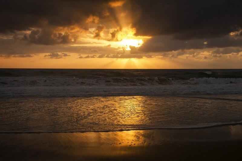 Sunset over Ocean — Gold, Dramatic, Photograph, Clouds, Waves, Sand