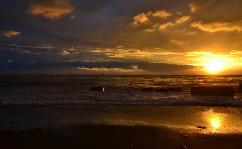 Sunset over Ocean — Gold, Dramatic, Photograph, Clouds, Waves