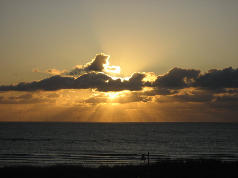 Sunset over Ocean — Gold, Dramatic, Photograph, Clouds, Wind Turbines