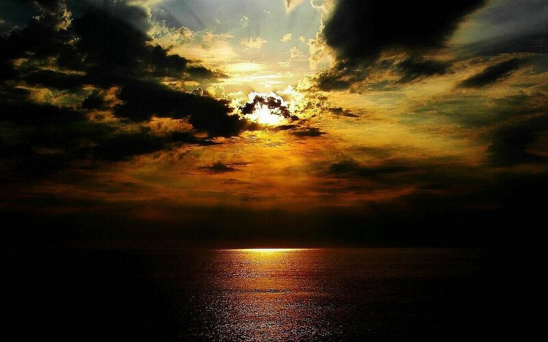 Sunset over Ocean — Gold, Dramatic, Photograph, Sun, Clouds, Sea, Black