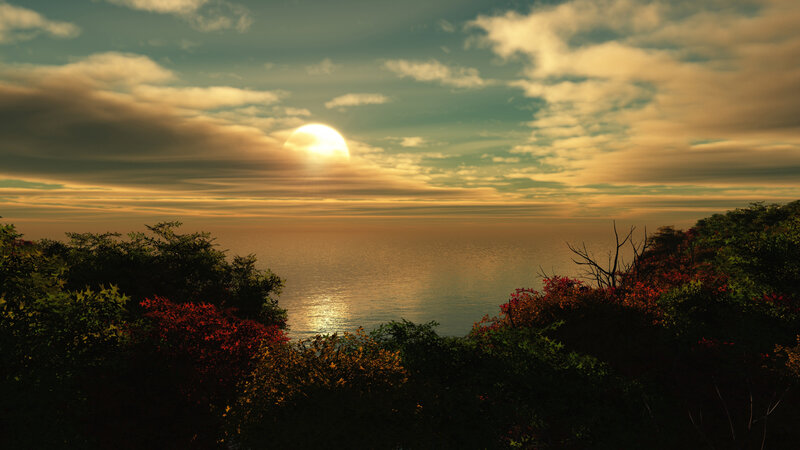 Sunset over Ocean — Gold, Serene, Digital Art, Trees, Clouds