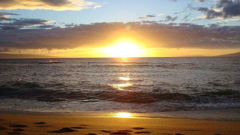 Sunset over Ocean — Gold, Serene, Photograph, Beach, Waves