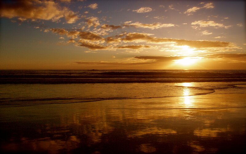 Sunset over Ocean — Gold, Serene, Photograph, Clouds, Waves, Sand