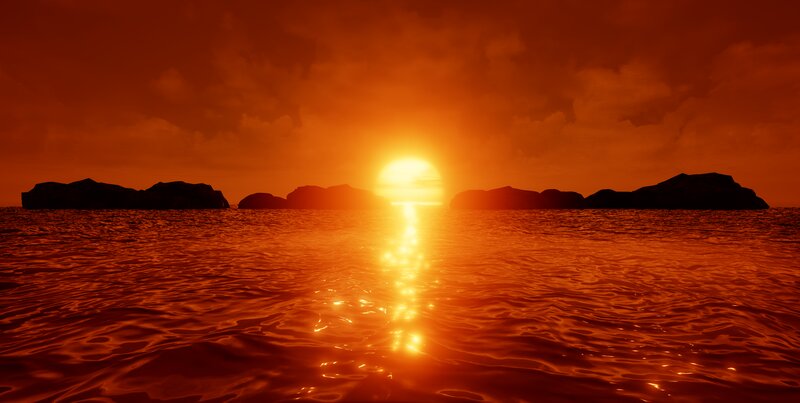 Sunset over Ocean — Orange, Dramatic, 3d Render