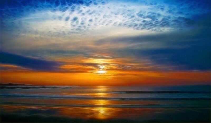 Sunset over Ocean — Orange, Dramatic, Digital Art, Clouds, Sea