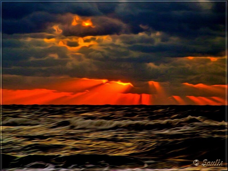Sunset over Ocean — Orange, Dramatic, Digital Art, Clouds, Sun, Waves