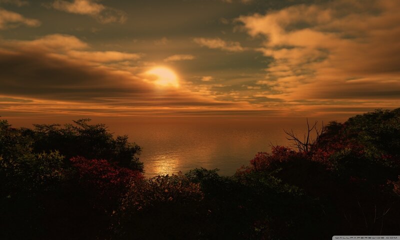 Sunset over Ocean — Orange, Dramatic, Digital Art, Clouds
