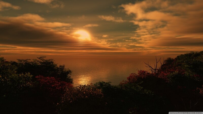 Sunset over Ocean — Orange, Dramatic, Digital Art, Clouds, Trees