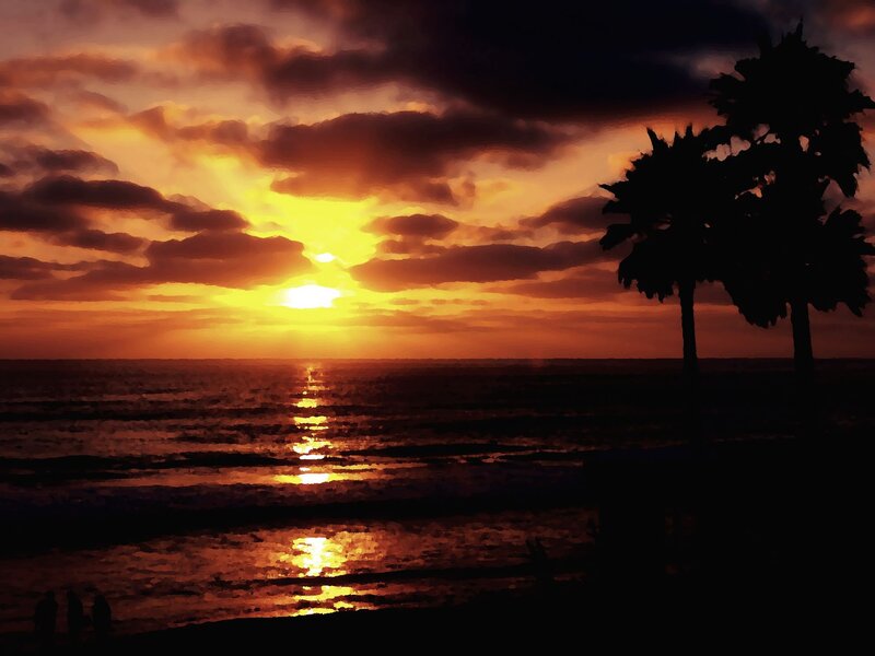 Sunset over Ocean — Orange, Dramatic, Digital Art, Palm Trees