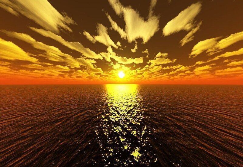 Sunset over Ocean — Orange, Dramatic, Digital Art, Sun, Clouds
