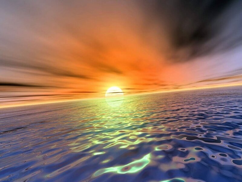 Sunset over Ocean — Orange, Dramatic, Digital Art, Sun, Clouds, Water, Blue