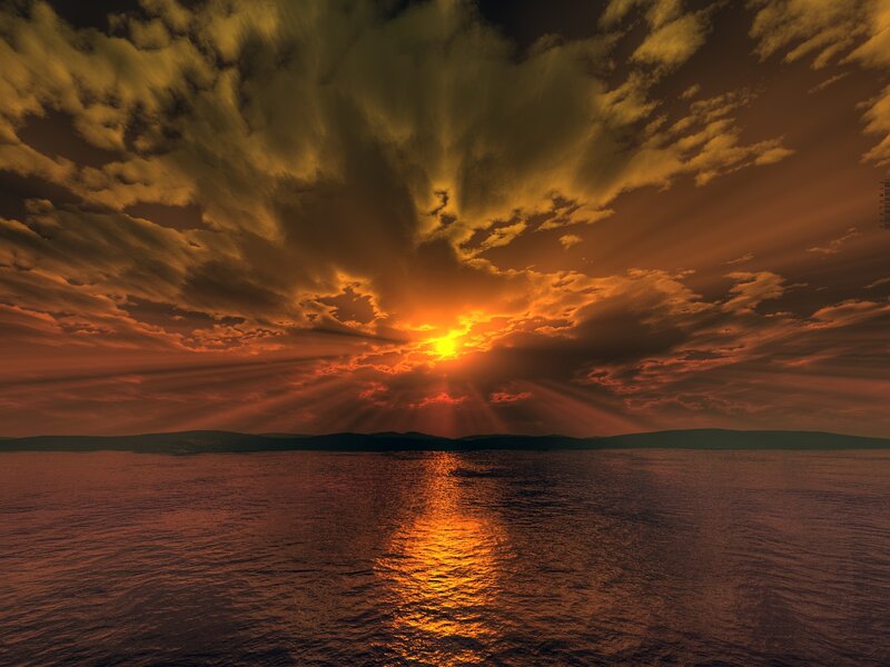 Sunset over Ocean — Orange, Dramatic, Digital Art, Sun, Clouds, Water, Mountains