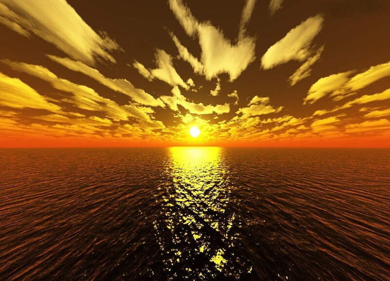 Sunset over Ocean — Orange, Dramatic, Digital Art, Sun, Clouds, Water