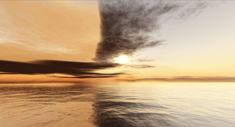 Sunset over Ocean — Orange, Dramatic, Digital Art, Sun, Clouds, Yellow