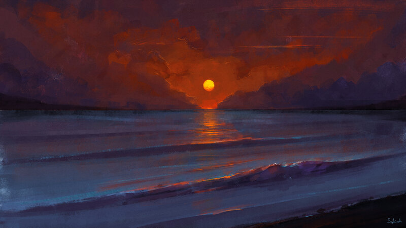 Sunset over Ocean — Orange, Dramatic, Digital Art, Sun, Mountains