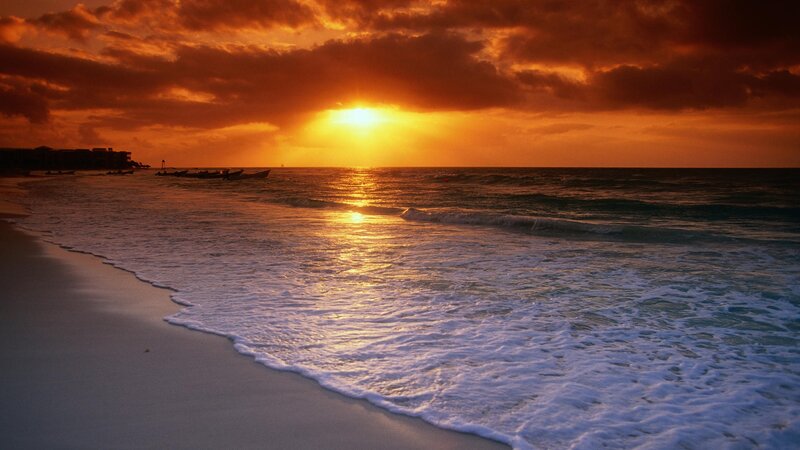 Sunset over Ocean — Orange, Dramatic, Photograph, Beach, Boats, Clouds, Blue