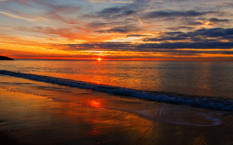 Sunset over Ocean — Orange, Dramatic, Photograph, Beach, Clouds, Sun