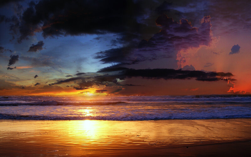 Sunset over Ocean — Orange, Dramatic, Photograph, Beach, Waves, Clouds, Blue