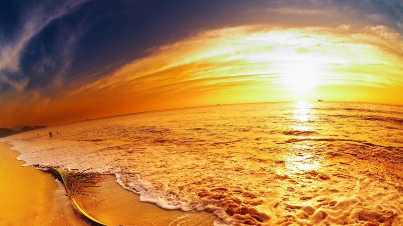 Sunset over Ocean — Orange, Dramatic, Photograph, Beach, Waves, Sky