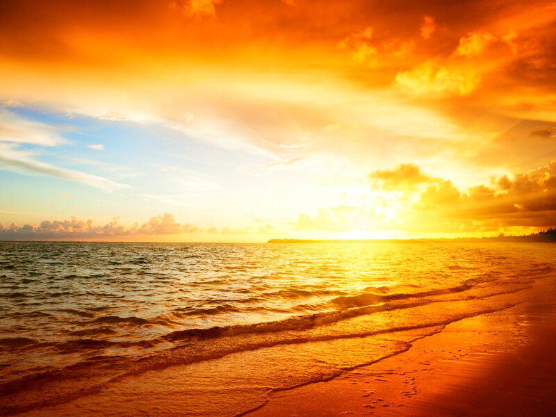 Sunset over Ocean — Orange, Dramatic, Photograph, Beach, Waves
