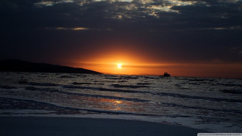 Sunset over Ocean — Orange, Dramatic, Photograph, Boat, Mountain