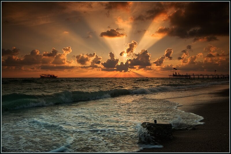 Sunset over Ocean — Orange, Dramatic, Photograph, Boat, Pier