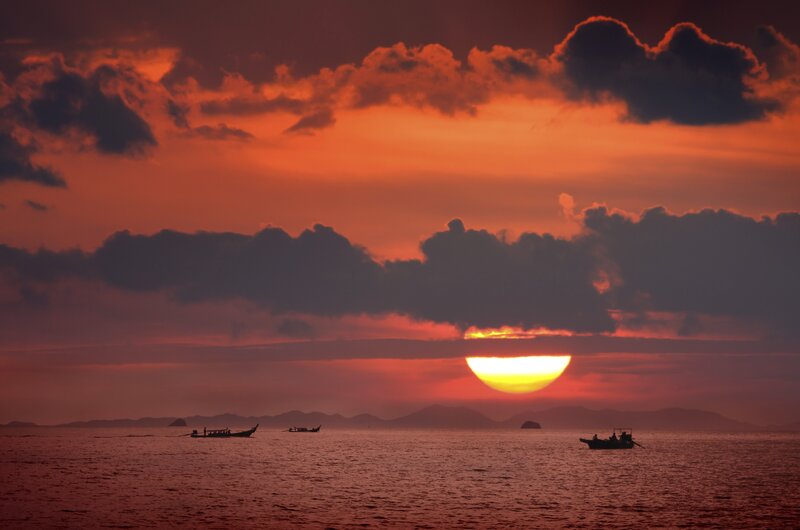 Sunset over Ocean — Orange, Dramatic, Photograph, Boats, Clouds