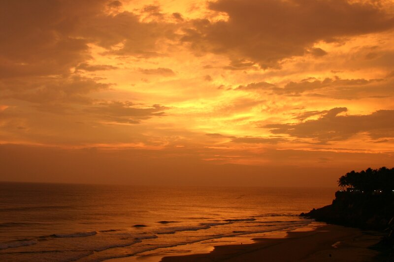 Sunset over Ocean — Orange, Dramatic, Photograph, Clouds, Beach, Palm Trees