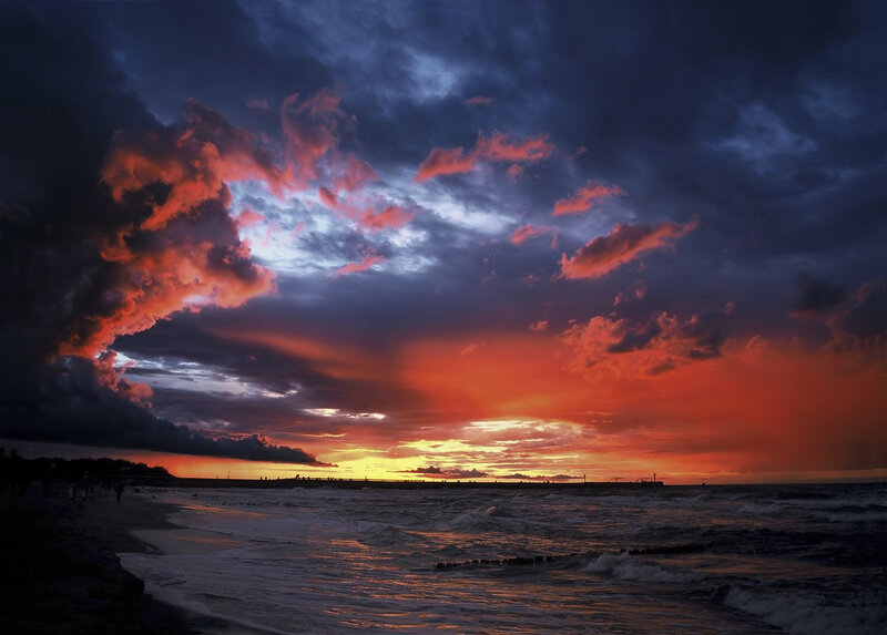 Sunset over Ocean — Orange, Dramatic, Photograph, Clouds, Beach, Pier